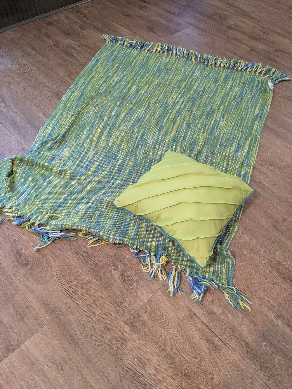 Green & Blue Woven Throw Blanket with Fringe And Matching Pillow